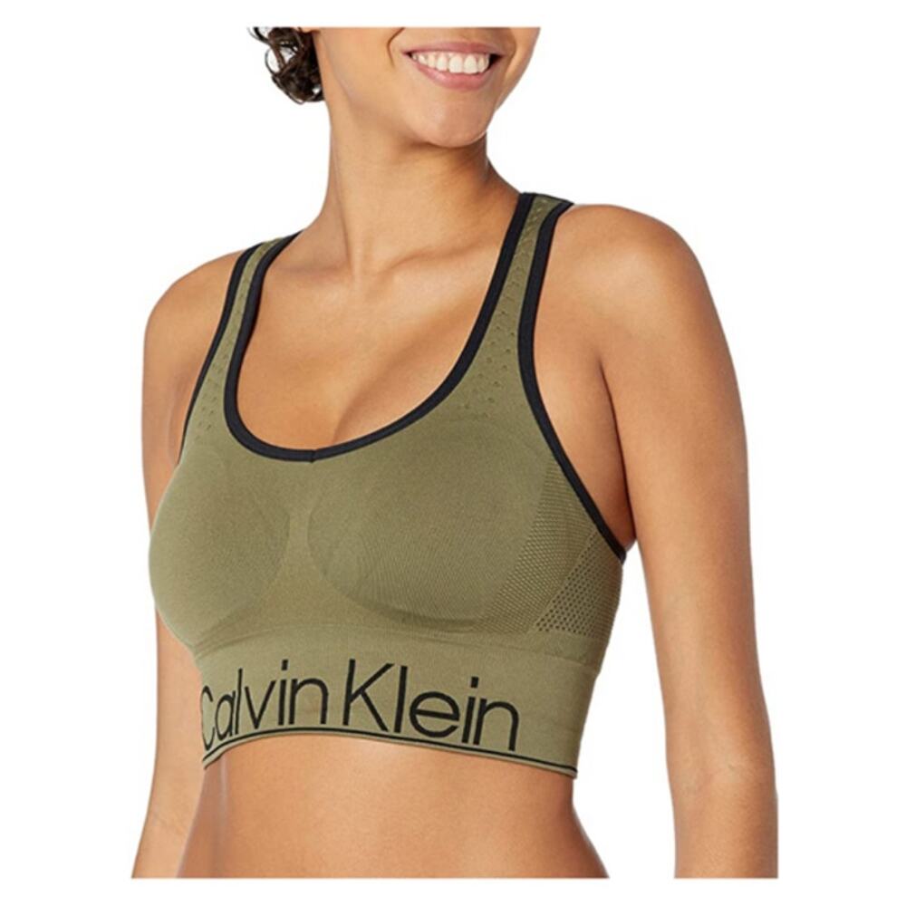 CK  seamless longline Logo Medium Impact Sports Bra Green, XS
